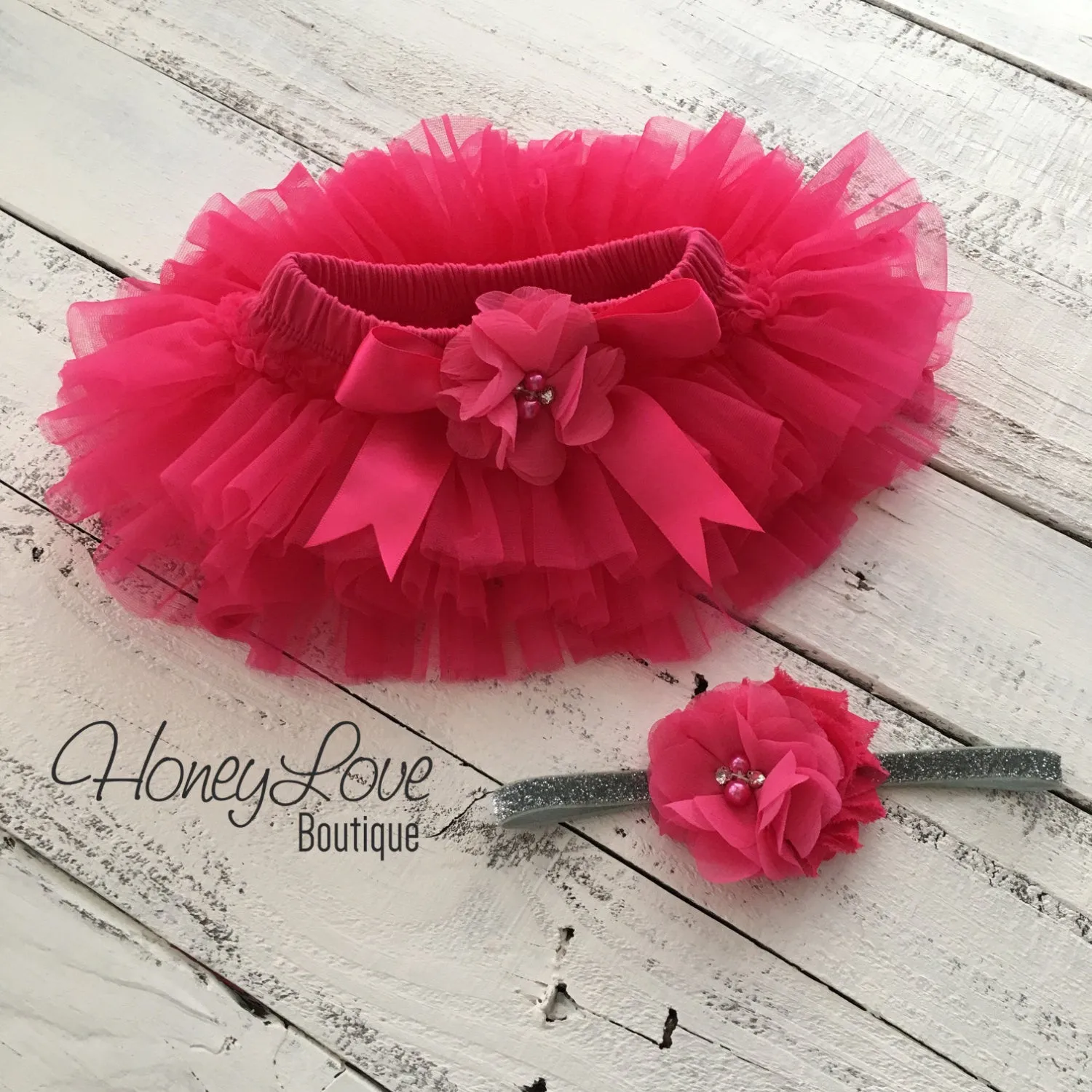 Watermelon Pink tutu skirt bloomers and silver glitter headband - embellished bloomer
