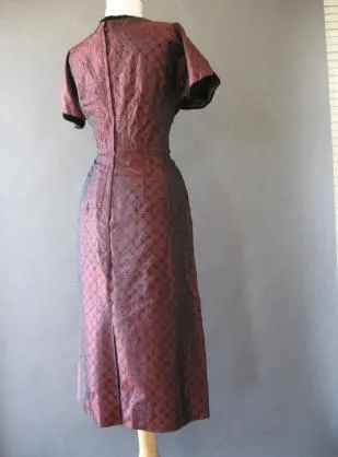 Women's Vintage 50s Dress Red Flocked Sharkskin Taffeta Cocktail Party Medium VFG